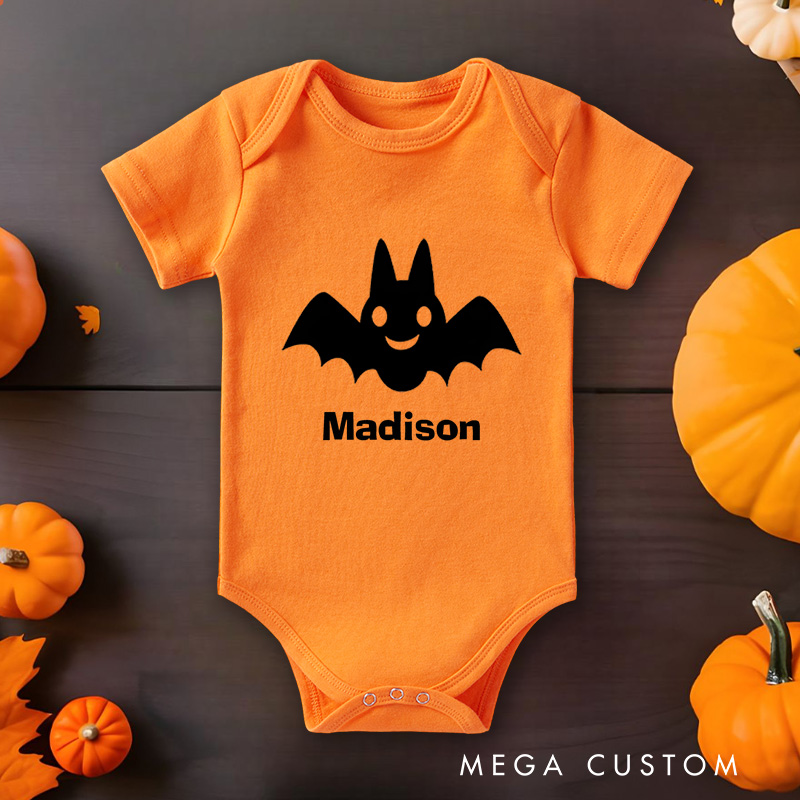 Personalized Halloween Bat Featuring Festive Motif and Customizable Name for Baby’s Halloween Outfit Baby Onesie