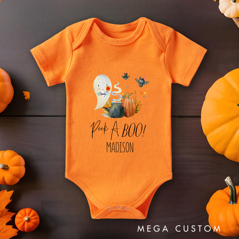 Personalized Peek a Boo Featuring Ghost and Pumpkin Motif with Customizable Name for Baby’s Halloween Celebration Baby Onesie
