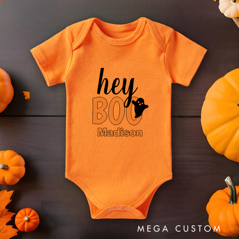 Personalized Hey Boo Featuring Ghost Motif and Customizable Name for Baby’s Halloween Celebration Baby Onesie
