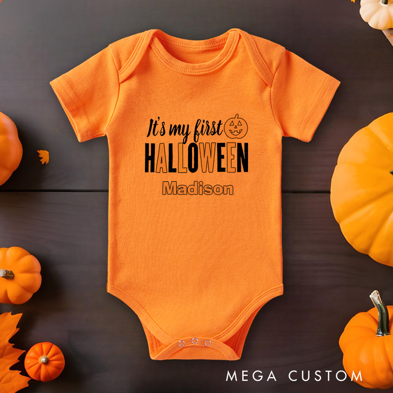 Personalized It’s My First Halloween Featuring Pumpkin Motif and Customizable Name for Baby’s First Celebration Baby Onesie