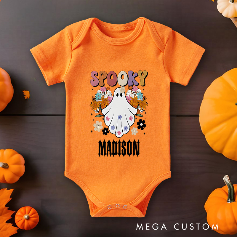 Personalized Spooky Featuring Ghost and Fall Elements with Customizable Name for Baby’s Halloween Outfit Baby Onesie