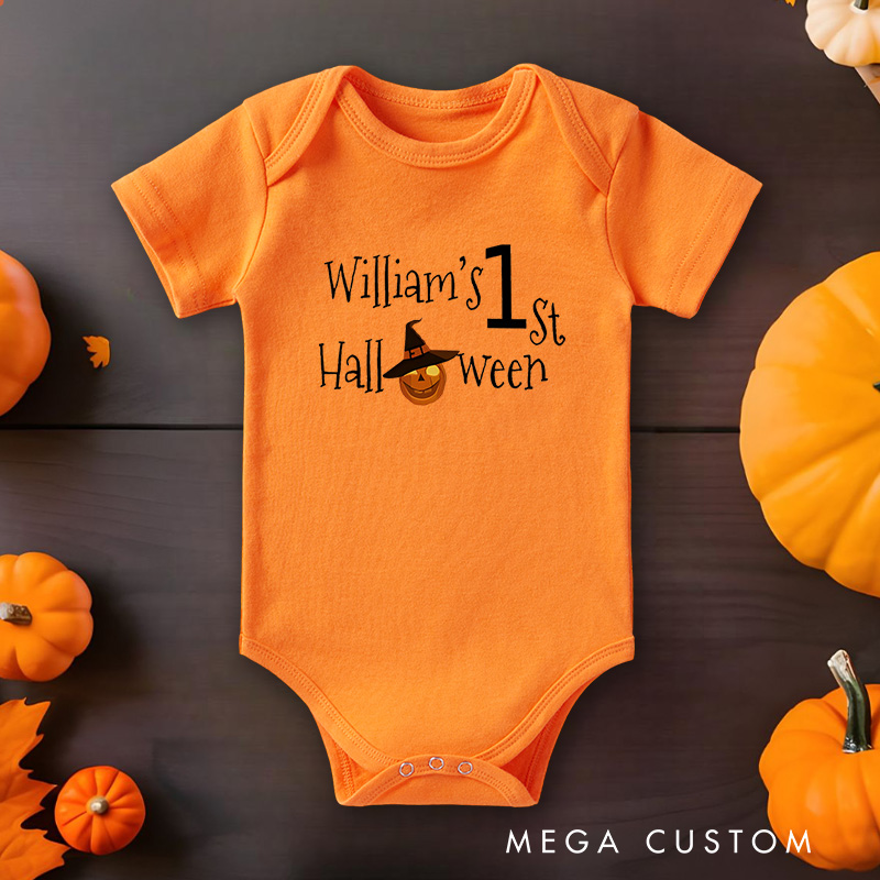 Personalized First Halloween Featuring Witch Hat Pumpkin Motif and Customizable Name for Baby’s Festive Outfit Baby Onesie