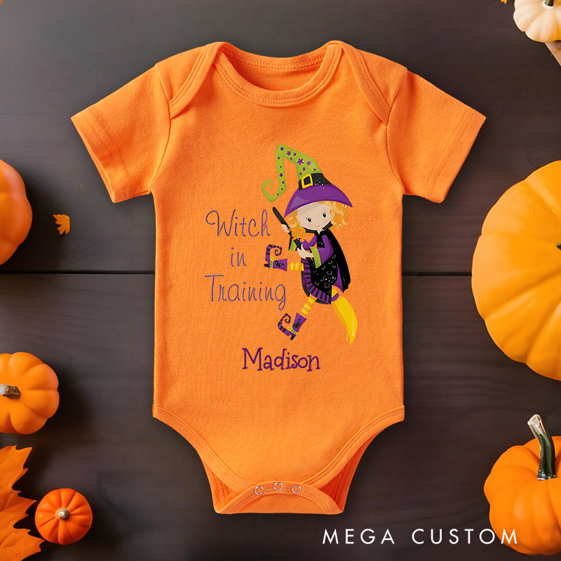 Personalized Witch in Training Featuring Adorable Witch Motif and Customizable Name for Baby’s Halloween Celebration Baby Onesie
