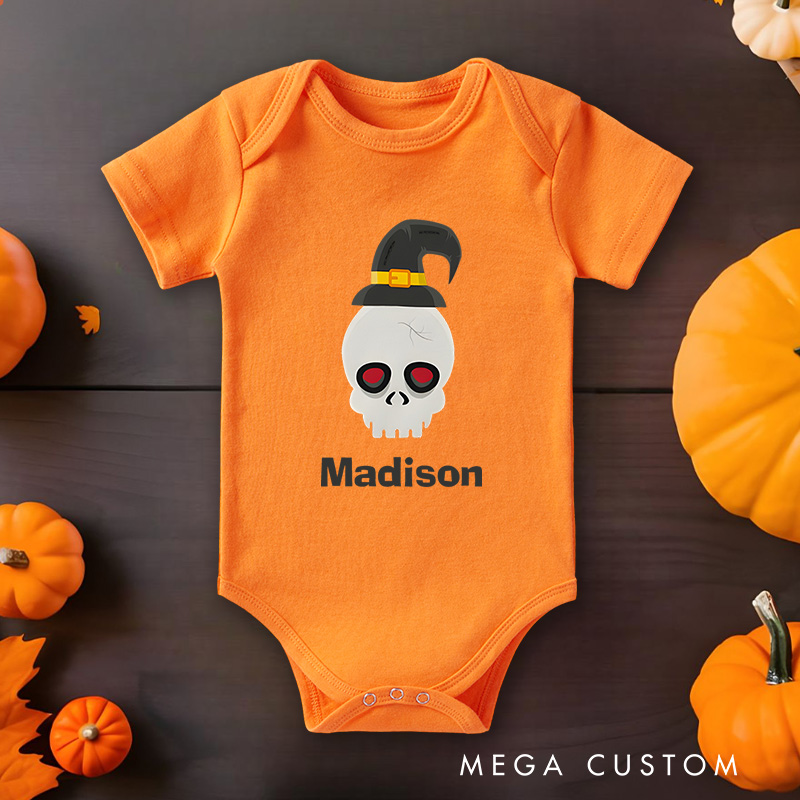 Personalized Halloween Skull Featuring Festive Motif and Customizable Name for Baby’s Spooky Outfit Baby Onesie
