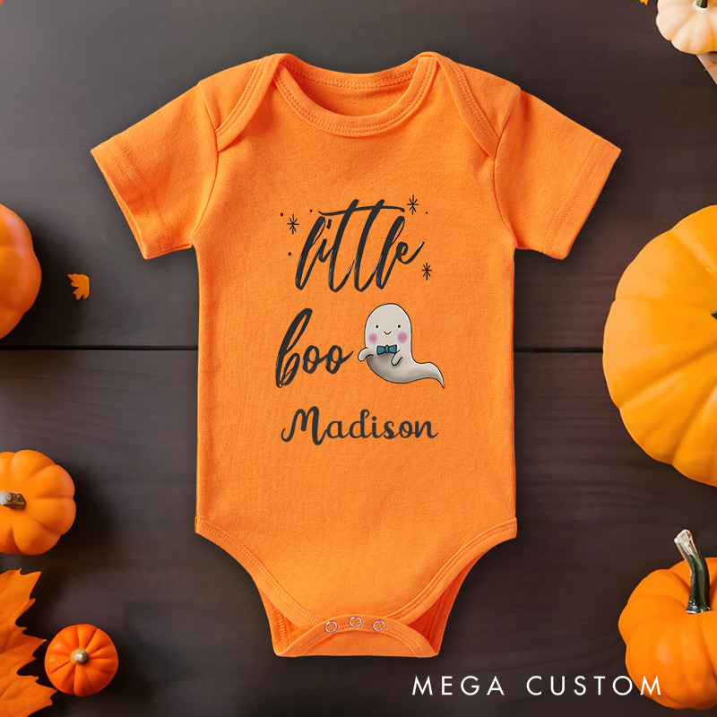 Personalized Little Boo Featuring Ghost Motif and Customizable Name for Baby’s Halloween Celebration Baby Onesie