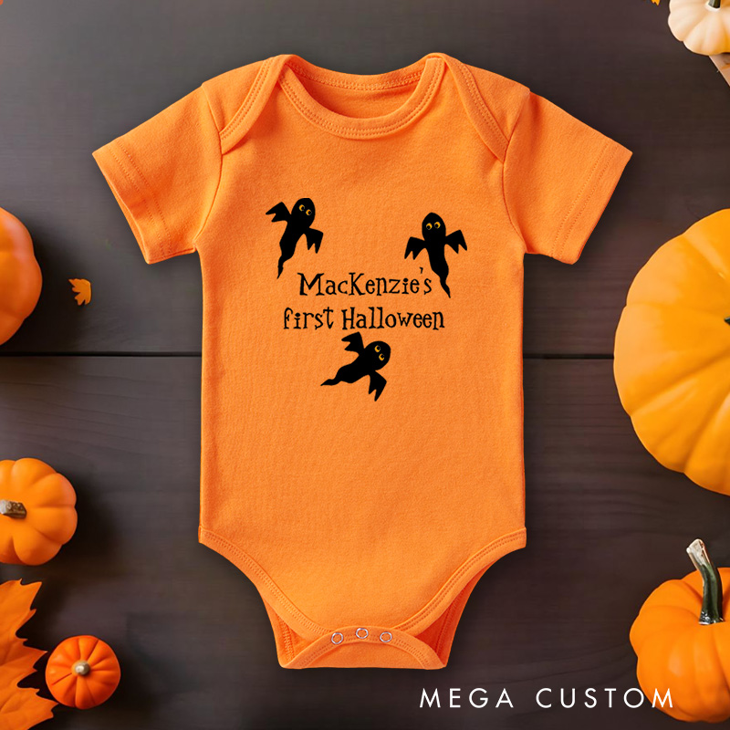 Personalized First Halloween Featuring Ghost Motif and Customizable Name for Baby’s Festive Outfit Baby Onesie