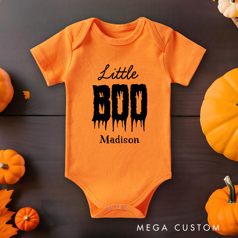 Personalized Little Boo Featuring Dripping Text and Customizable Name for Baby’s Halloween Celebration Baby Onesie