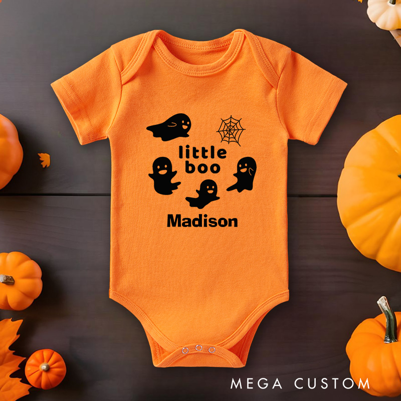 Personalized Little Boo Featuring Ghosts and Spider Web Motif with Customizable Name for Baby Onesie