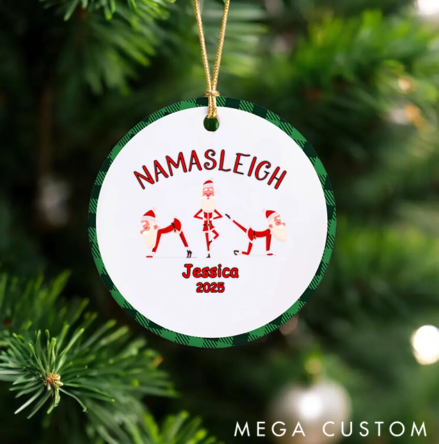 Personalized Christmas Ornament with Fun NAMASLEIGH Santa Yoga Design Christmas Ornament Gift for Yoga Lover