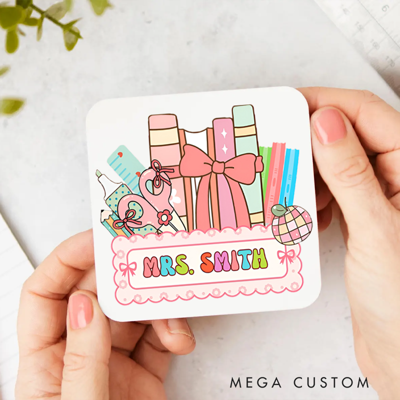 Personalized Coasters for Teachers Cute Book Pencil Bow Appreciation Gift for Teachers
