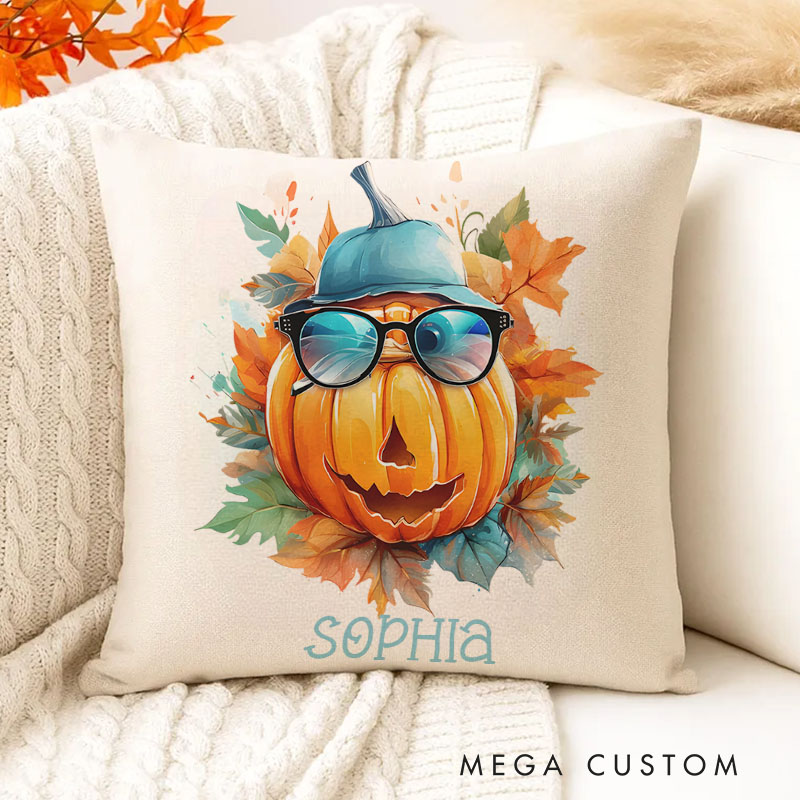 Personalized Cool Pumpkin Character with Glasses Name Halloween Pillows for Fun Seasonal Decor