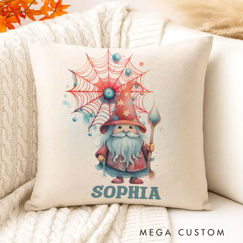 Personalized Halloween Gnome with Web and Spider Name Pillows for Whimsical Festive Decor