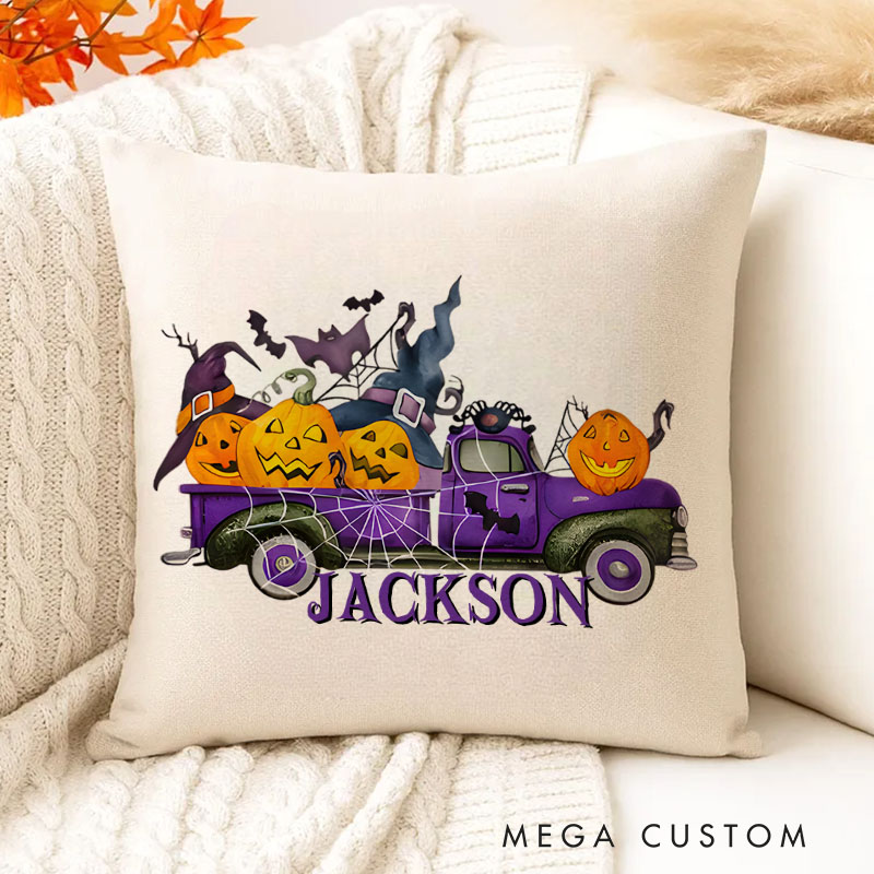 Personalized Halloween Pumpkin Truck Name Pillows for Rustic and Festive Holiday Style