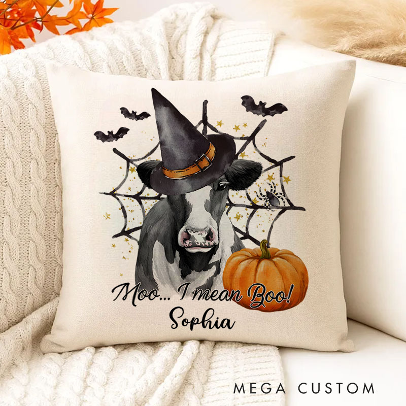 Personalized Moo I Mean Boo Halloween Cow Name Pillows for Funny and Unique Seasonal Decor