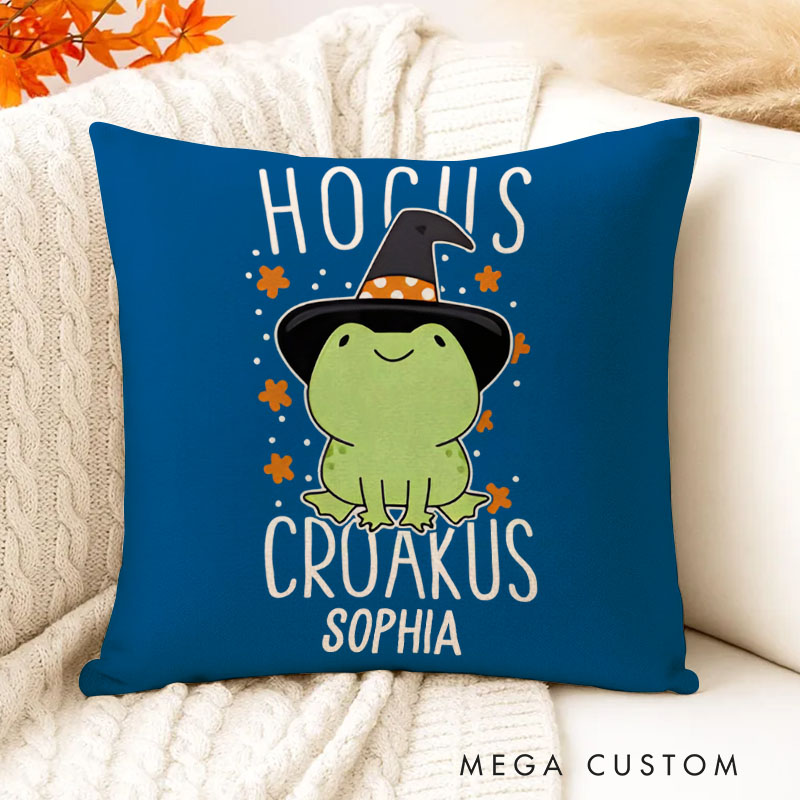 Personalized Hocus Croakus Frog Name Halloween Pillows for Cute and Playful Holiday Vibes
