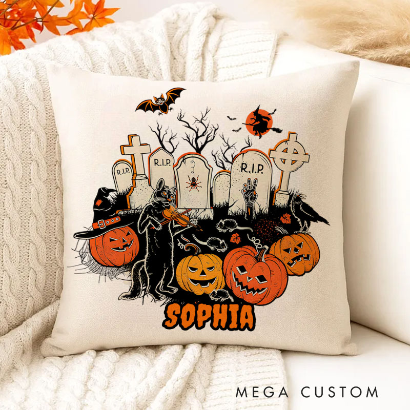 Personalized Spooky Graveyard Pumpkins and Ghosts Name Halloween Pillows for Eerie Holiday Fun