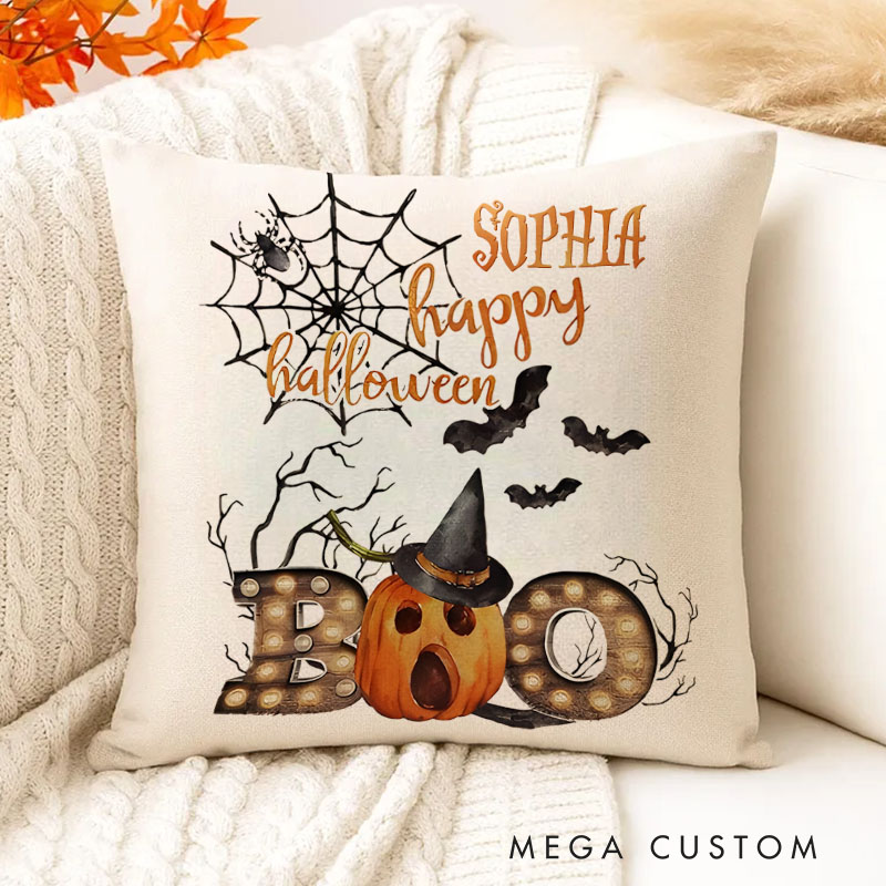 Personalized Happy Halloween Boo Witch Hat Name Pillows for Festive and Cheerful Holiday Charm