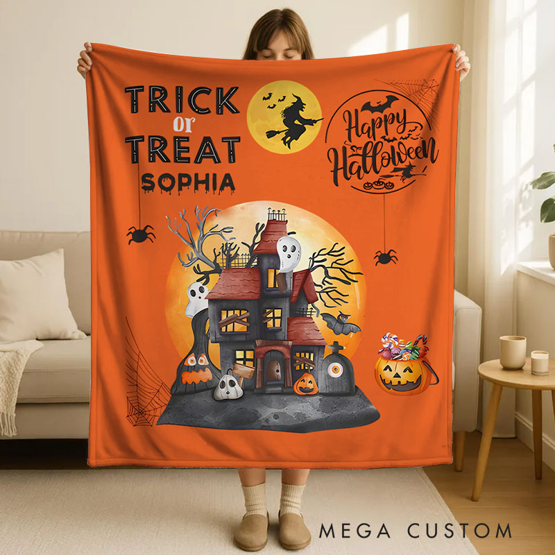Personalized Spooky Halloween Scene Blanket Perfect for Trick or Treat and Haunted Themes