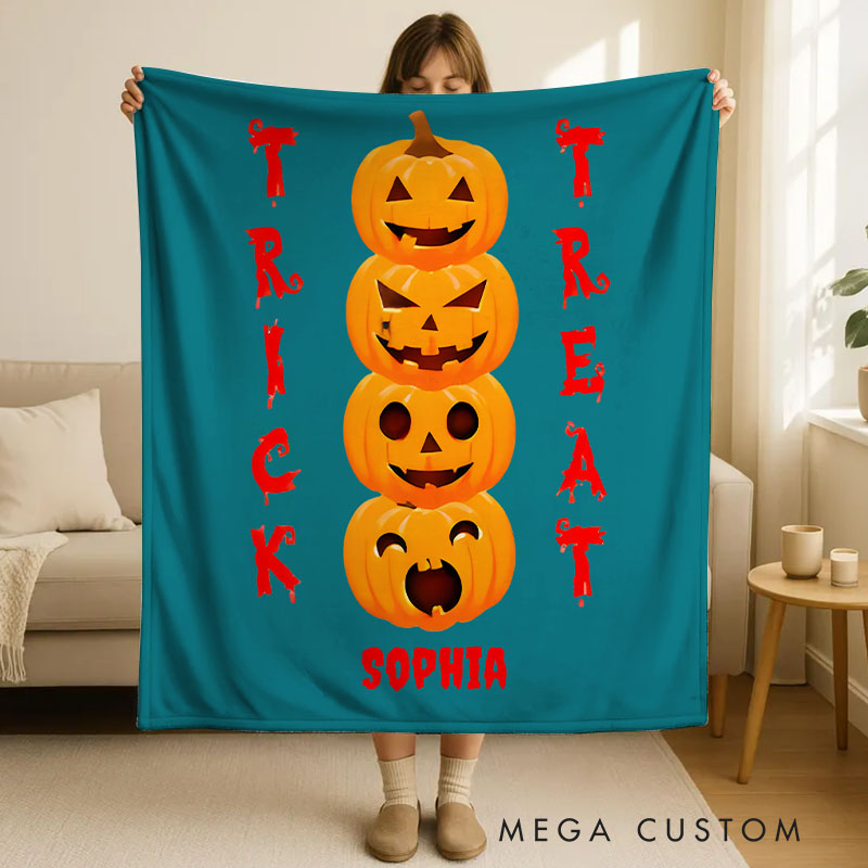 Personalized Stacked Pumpkin Faces Blanket Perfect for Fun and Festive Halloween Home Decor