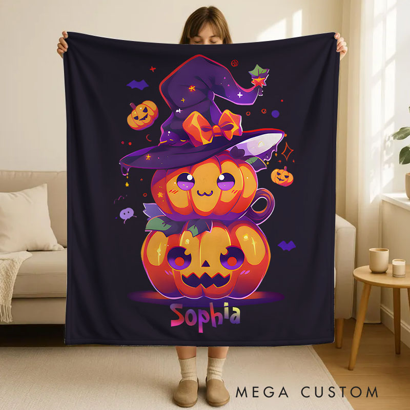 Personalized Witch Hat and Pumpkin Stack Blanket Great for Adding Magic to Halloween Celebrations