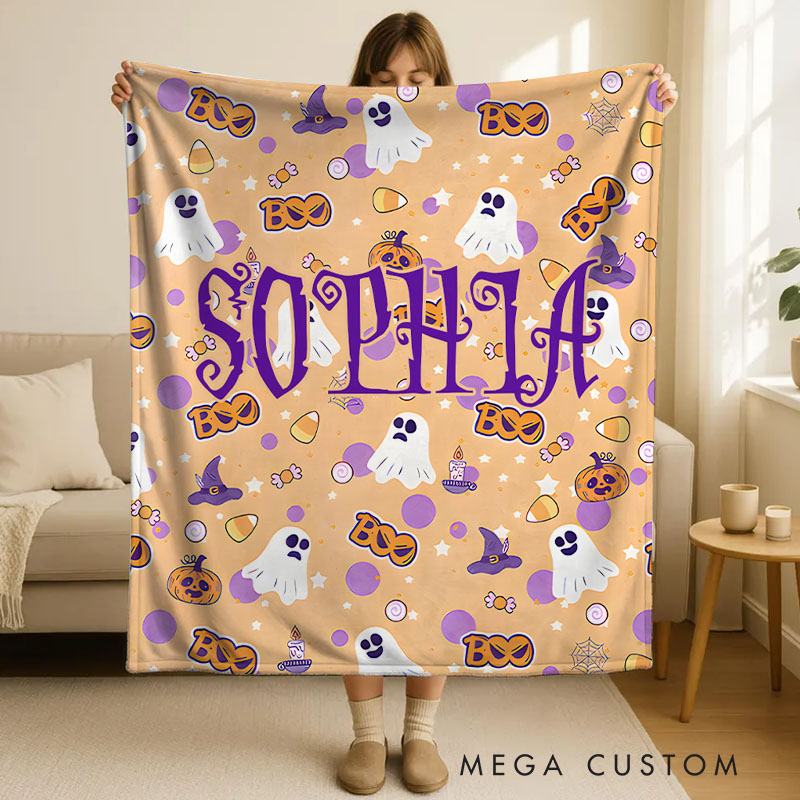 Personalized Candy and Ghost Pattern Blanket Perfect for Sweet and Whimsical Halloween Vibes