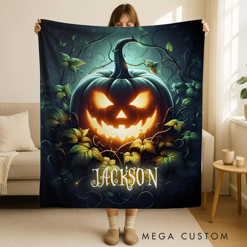 Personalized Glowing Pumpkin Scene Blanket Perfect for Eerie and Enchanting Halloween Nights