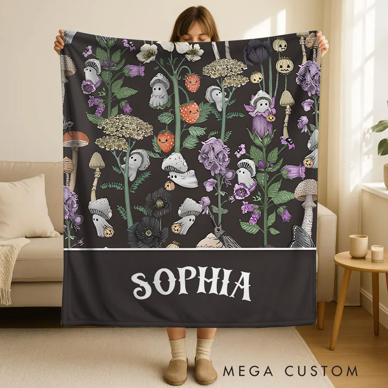 Personalized Botanical Halloween Blanket Featuring Mushrooms and Plants for Nature Inspired Decor