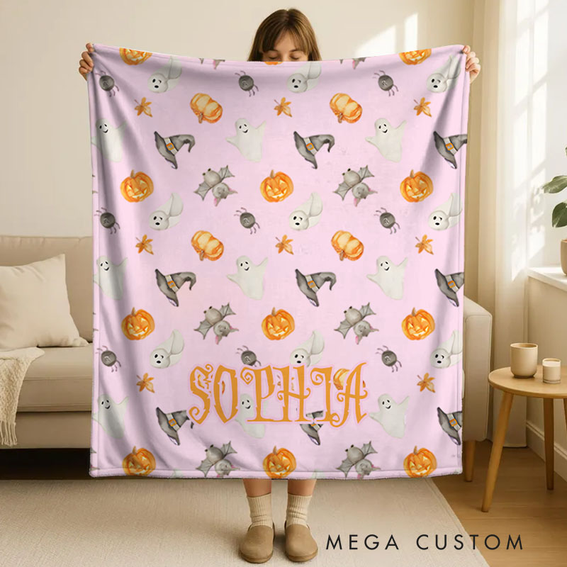 Personalized Ghost Pumpkin and Bat Pattern Blanket Perfect for Fun and Festive Halloween Celebrations
