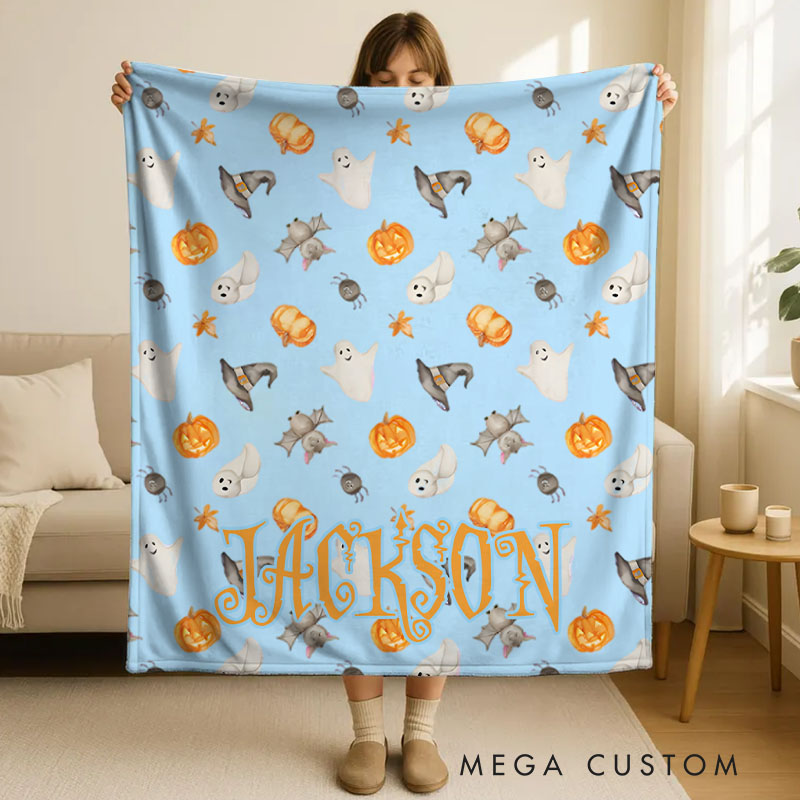 Personalized Playful Halloween Icons Blanket Featuring Pumpkins Ghosts