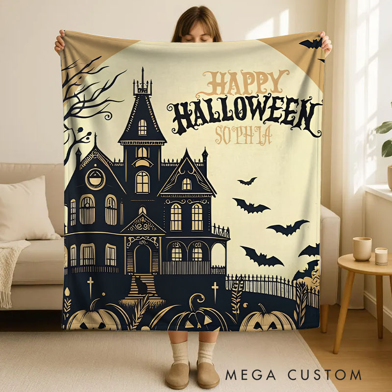 Personalized Haunted House Scene Blanket Great for Spooky and Festive Halloween Home Decorations