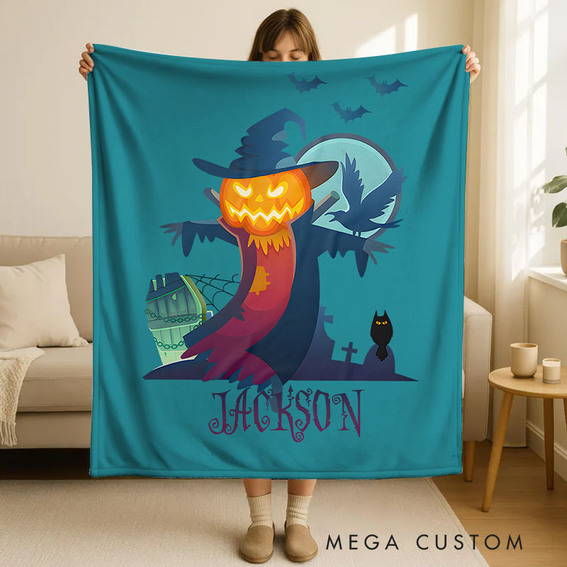 Personalized Spooky Scarecrow and Moonlit Scene Blanket Perfect for Eerie and Festive Halloween Decorations