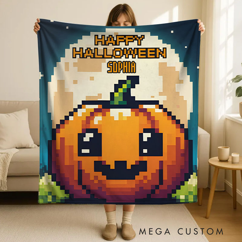 Personalized Pixel Pumpkin Blanket Great for Adding Retro Charm to Your Halloween Decorations
