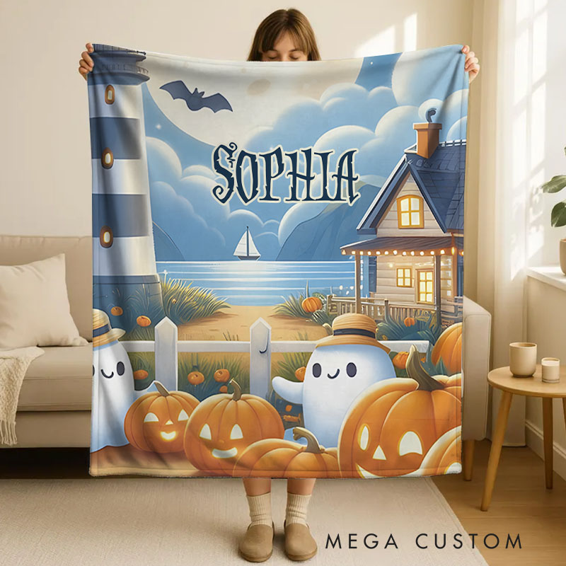 Personalized Ghosts and Moonlit Night Blanket Perfect for Creating a Cozy Halloween Atmosphere