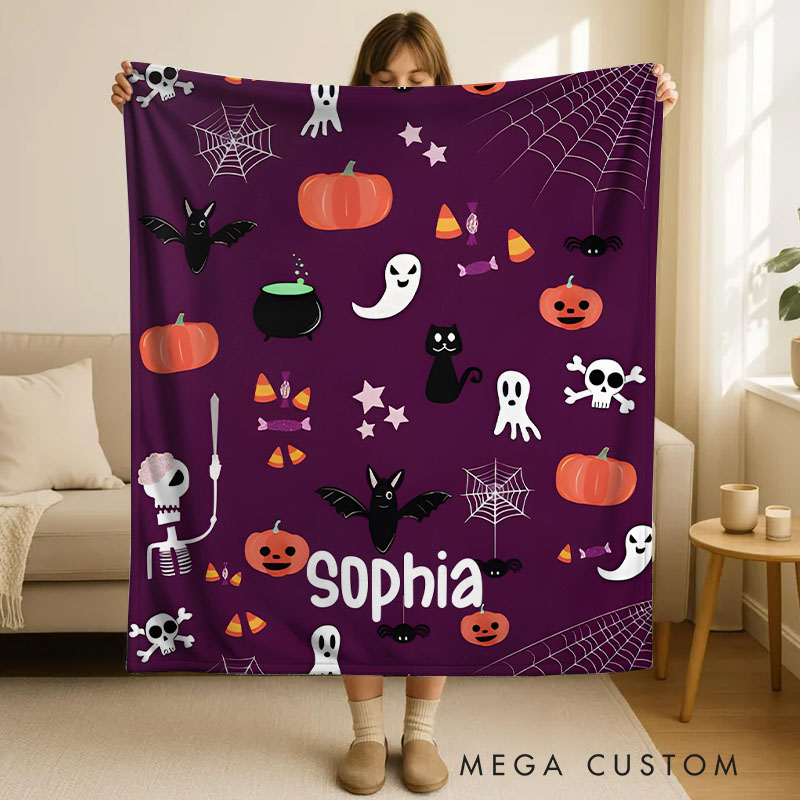 Personalized Purple Halloween Blanket Featuring Fun and Festive Seasonal Patterns for Decor