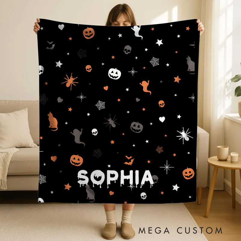 Personalized Black Ghost and Pumpkin Pattern Blanket Ideal for Spooky and Stylish Halloween Vibes