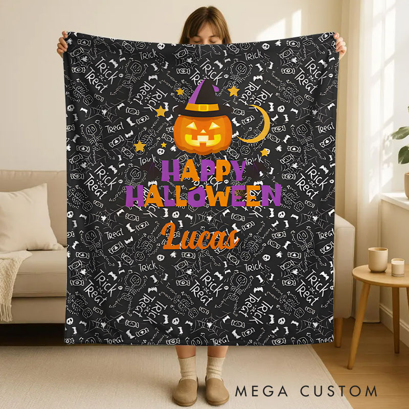 Personalized Halloween Pumpkin and Witch Hat Blanket Perfect for Spooky and Festive Seasonal Celebrations