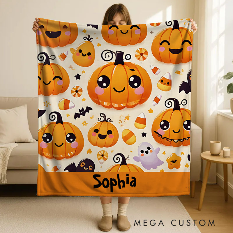 Personalized Cute Pumpkin Faces Blanket Perfect for Fun and Whimsical Halloween Celebrations