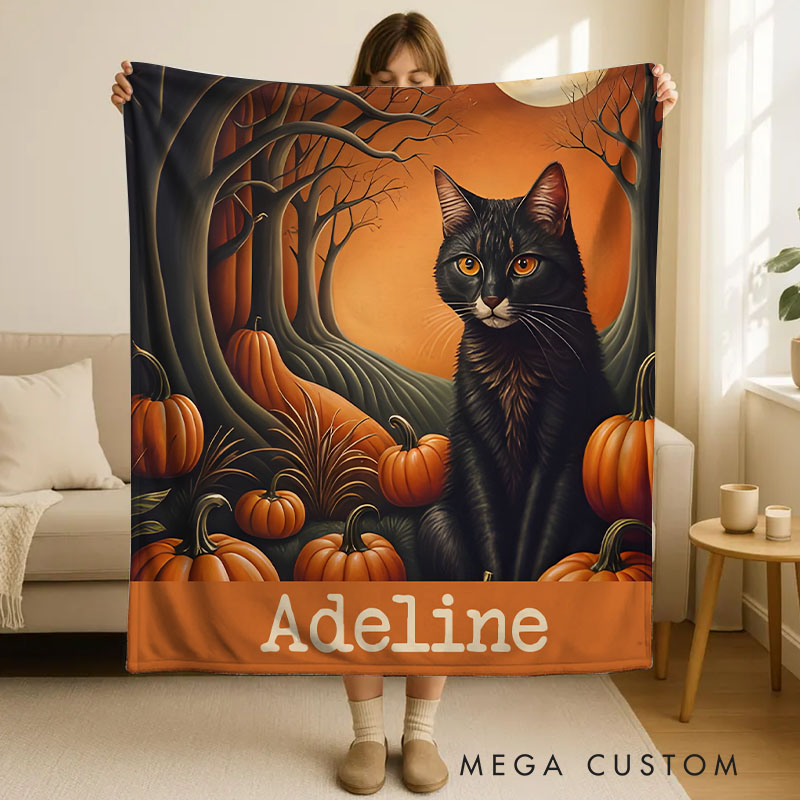 Personalized Black Cat and Pumpkin Blanket Ideal for Animal Lovers and Spooky Halloween Nights
