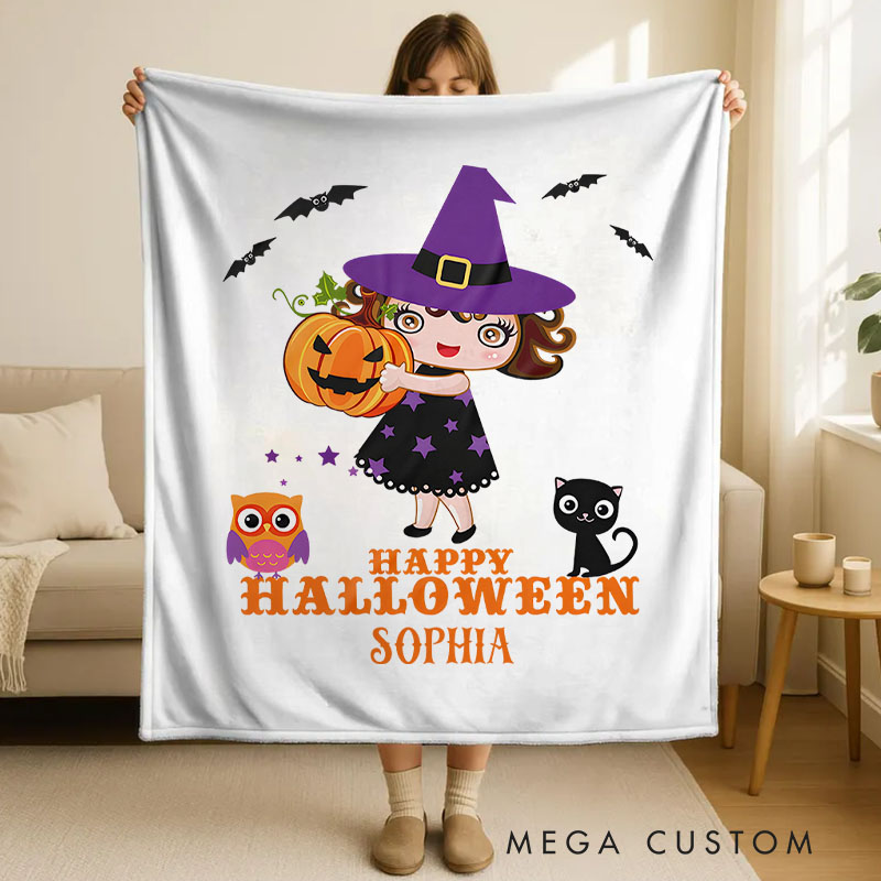 Personalized Cute Witch and Pumpkin Blanket Perfect for Playful and Festive Halloween Home Decorations