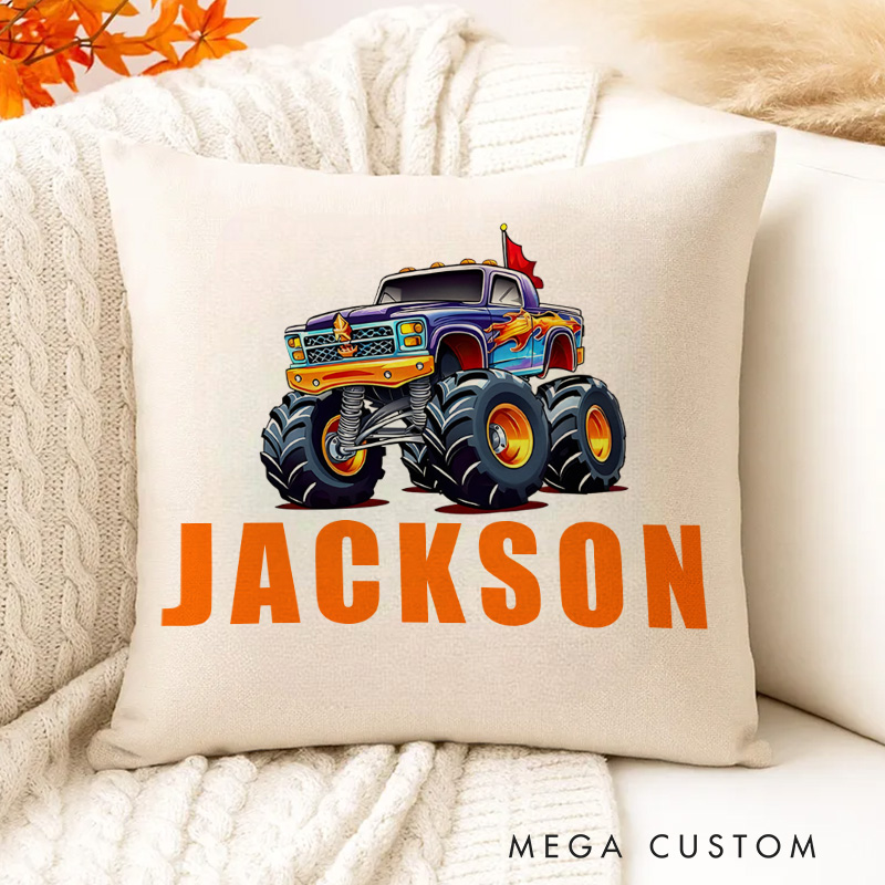 Personalized Monster Truck Fun Name Pillow Perfect for Little Vehicle Enthusiasts