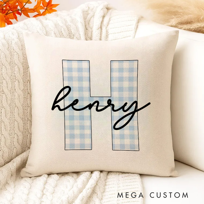 Personalized Blue Gingham Initial Name Pillow with a Charming Classic Style