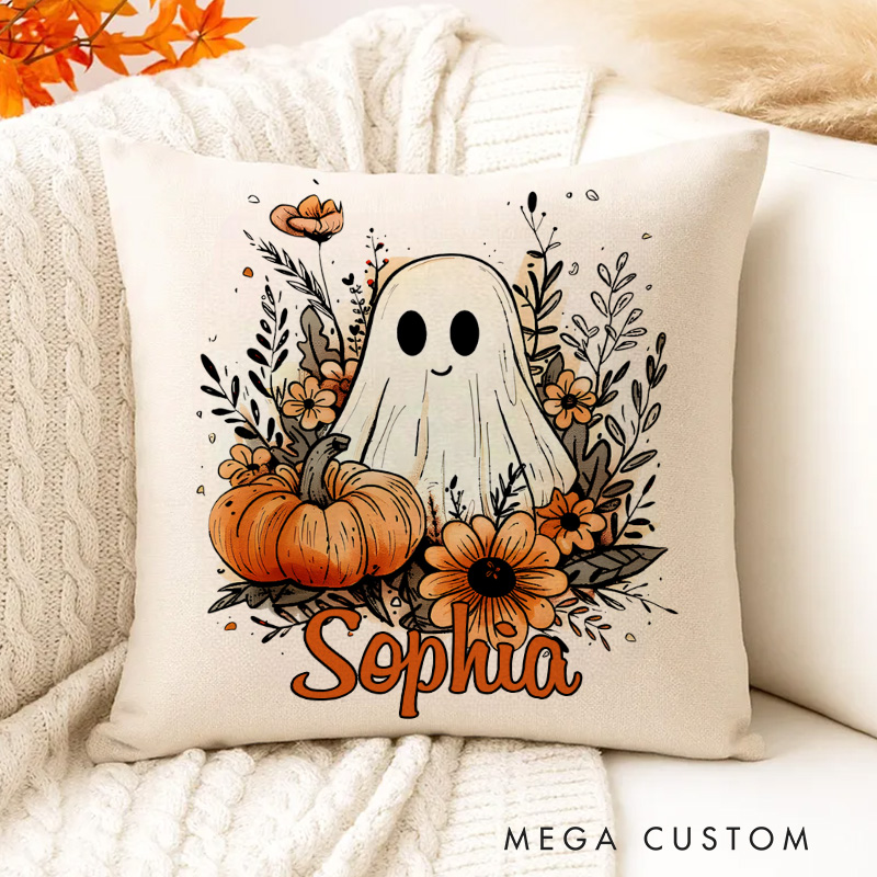 Personalized Ghostly Autumn Name Pillow with Pumpkins and Halloween Vibes