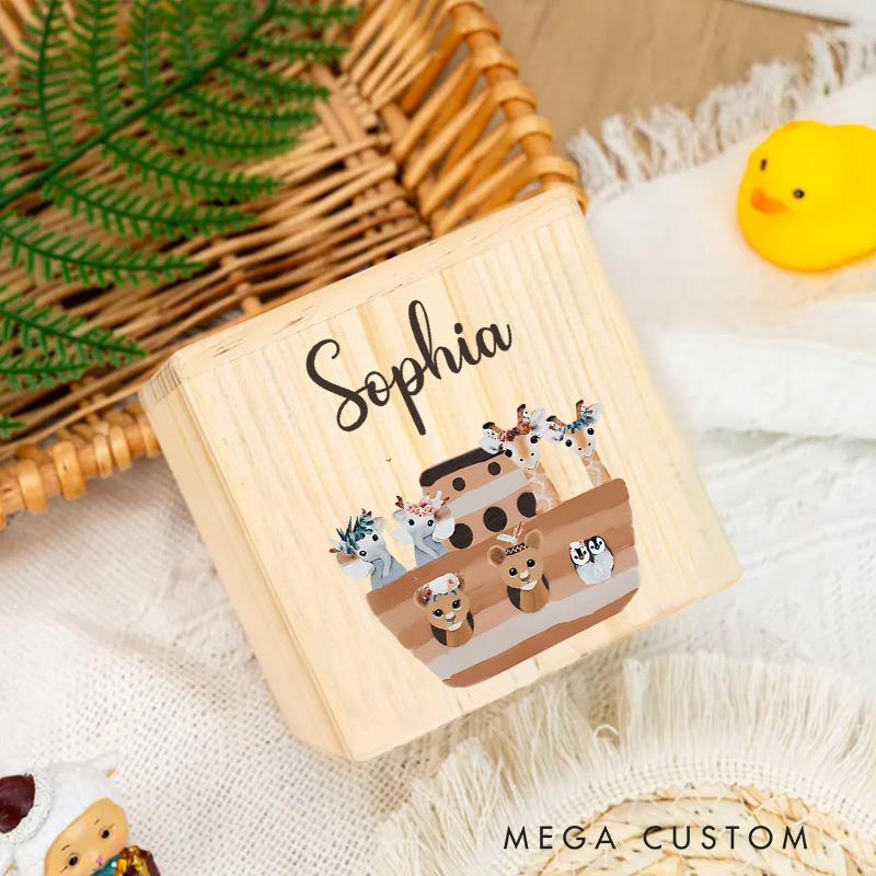 Personalized Noah's Ark Piggy Bank Delightful Animal Pairs with Custom Name and Charming Ark Scene