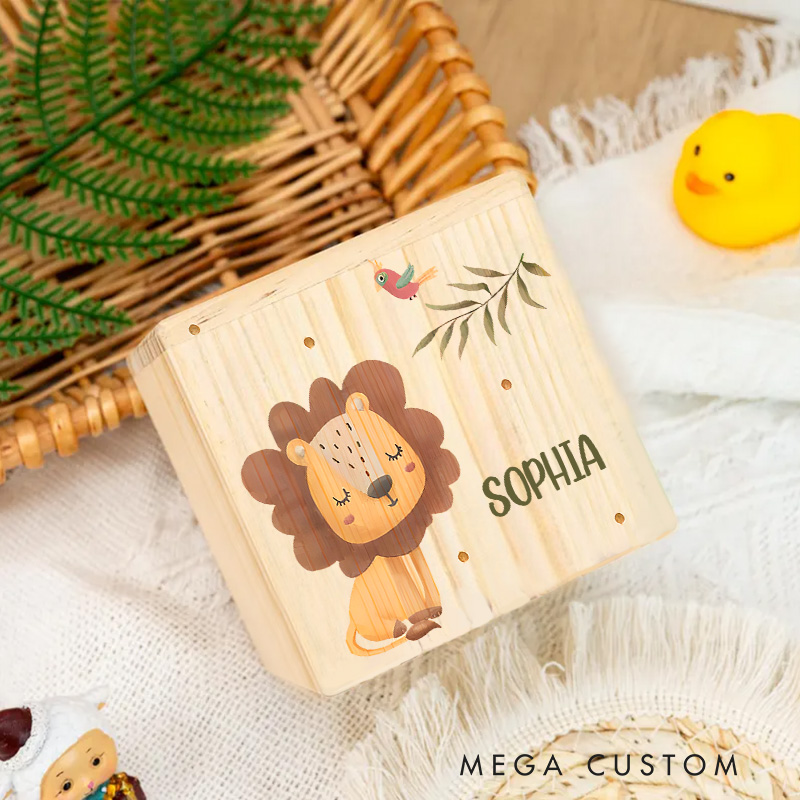 Personalized Lion Piggy Bank Jungle Majesty with Custom Name and Colorful Lion Illustration