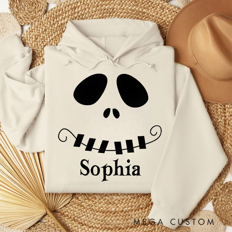 Personalized Mysterious Grinning Skull Illustration for Trendy Halloween Hoodies