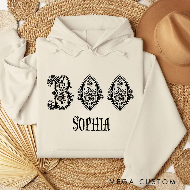 Personalized Boo with Intricate Swirl Accents for Stylish Seasonal Hoodies