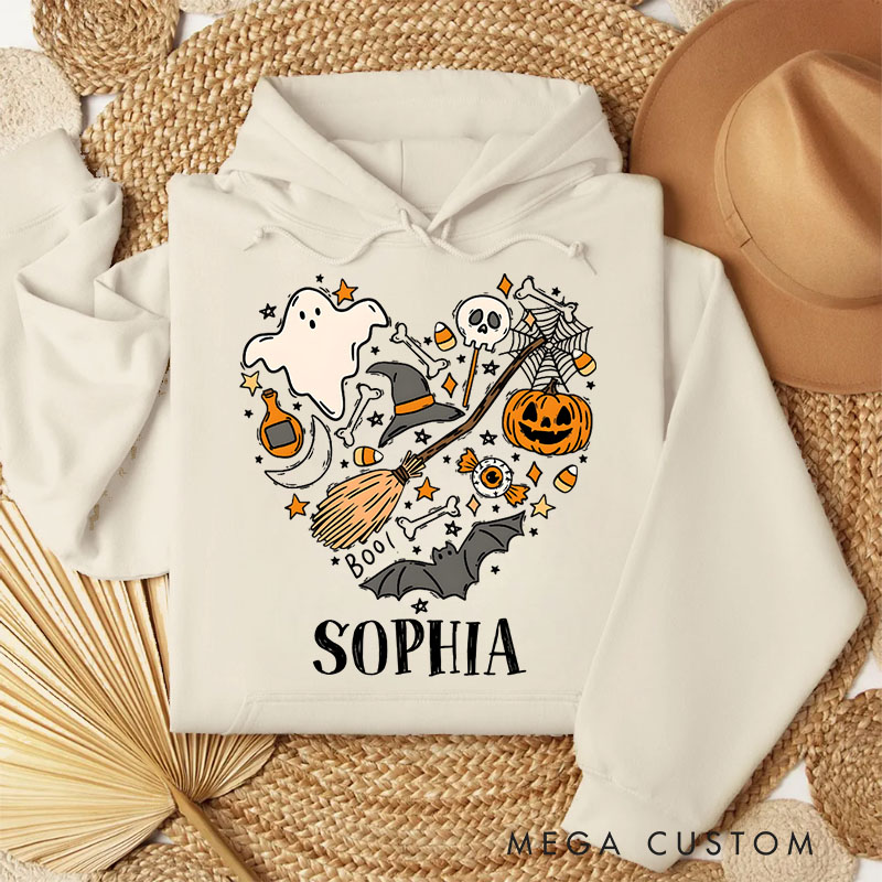 Personalized Enchanting Halloween Heart Collage with Ghosts and Pumpkins for Festive Hoodies