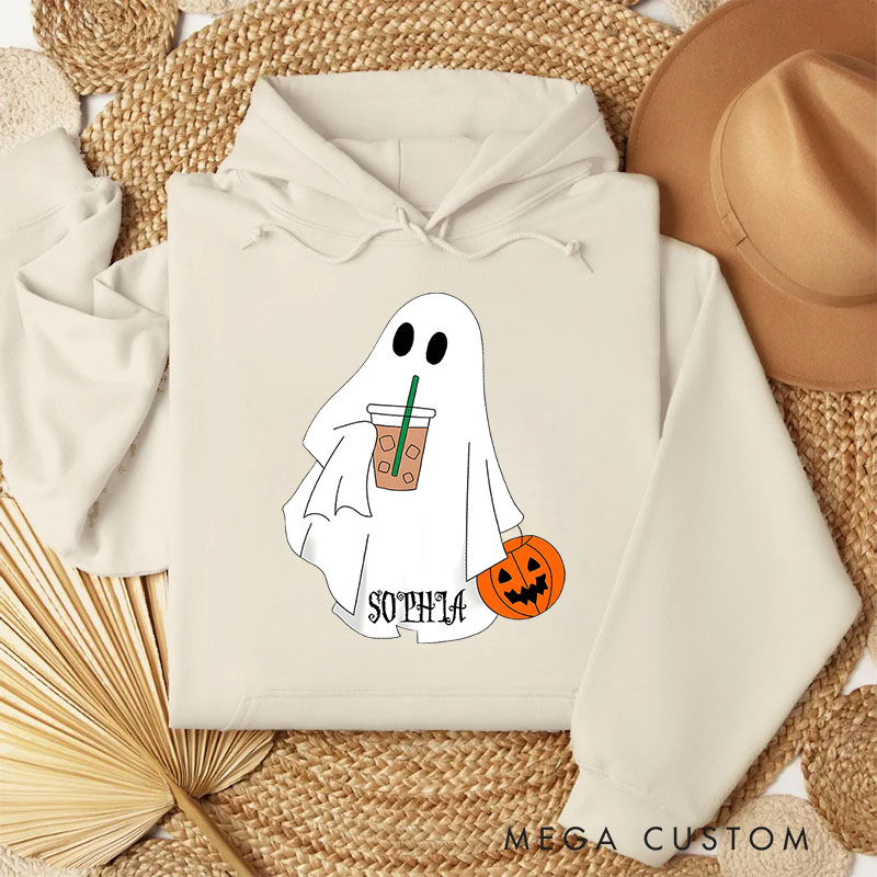 Personalized Ghost Enjoying Coffee Illustration for Cozy and Playful Autumn Hoodies