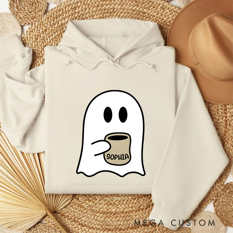 Personalized Coffee Loving Ghost Illustration for Relaxed and Cozy Autumn Hoodies