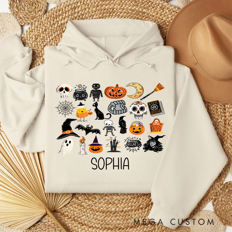 Personalized Halloween Icon Collage with Ghosts and Pumpkins for Festive Hoodies